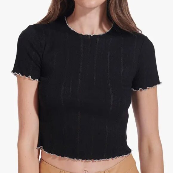 STAUD Mick Cropped Lettuce Edge Baby Tee Black Size XS - Picture 1 of 4